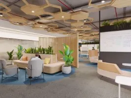 An office layout showcasing a large open area, designed by Flipspaces