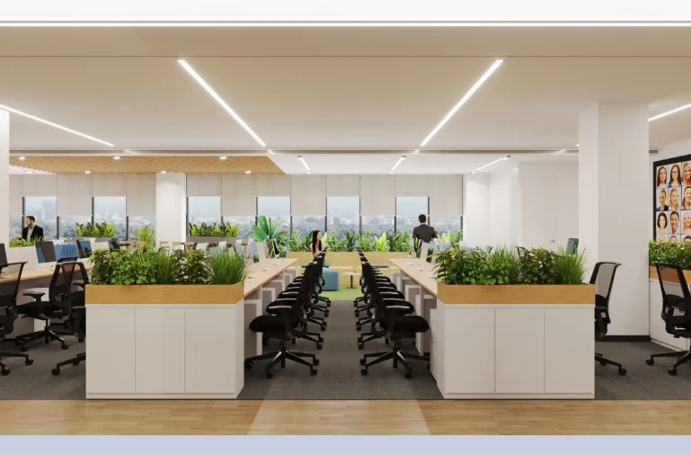 Modern office design with tables, chair and plants