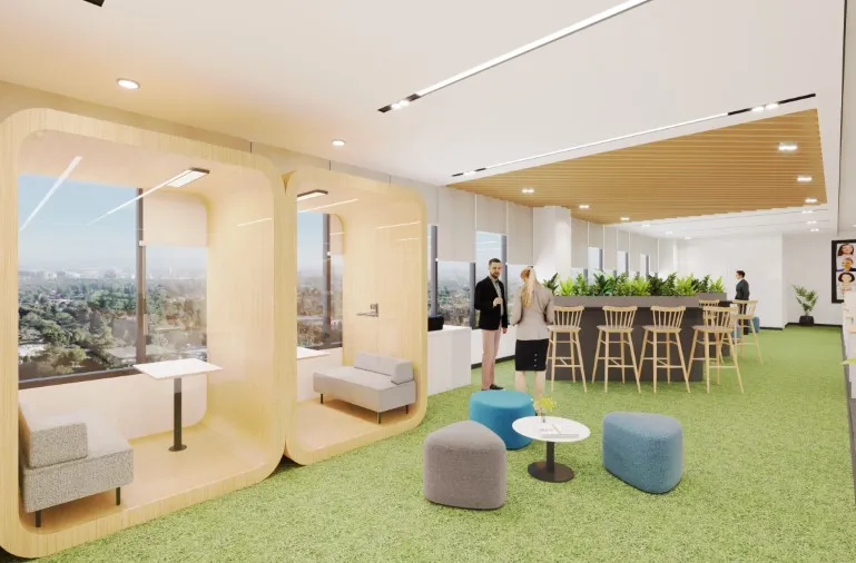 Modern office design with private work pods, open seating, and greenery