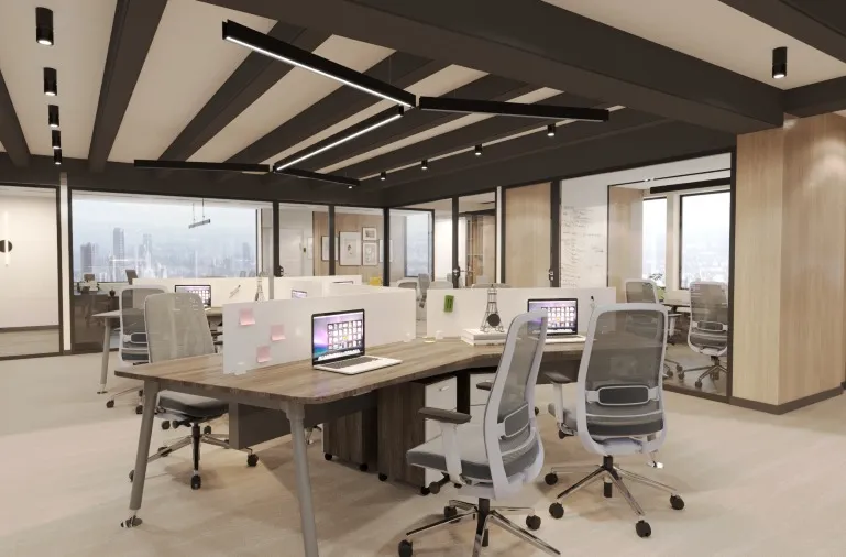 Modern office design with tables, chair and plants