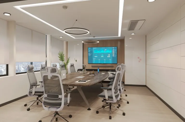 Modern workplace design with a high-tech conference room