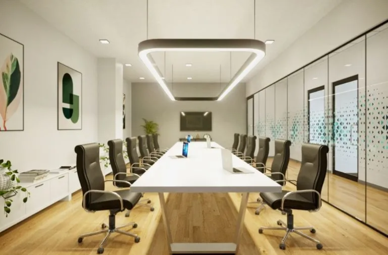 Modern office conference room with sleek design and optimal lighting